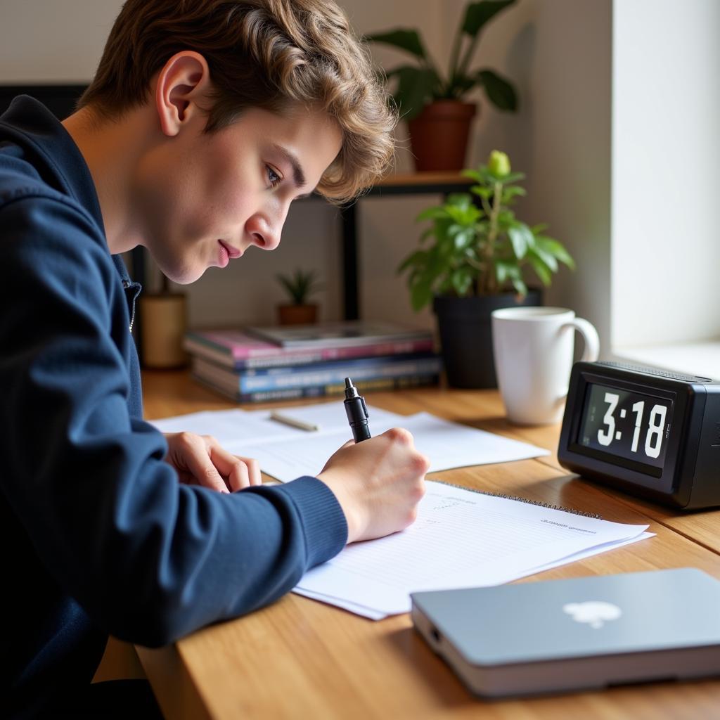 Student using timer while practicing IELTS writing techniques