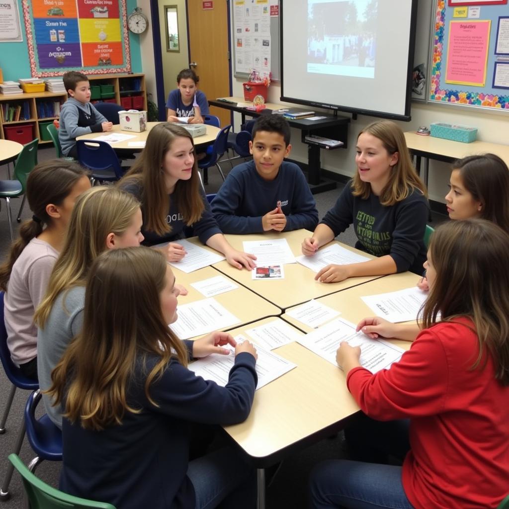 Students discussing various IELTS topics in groups