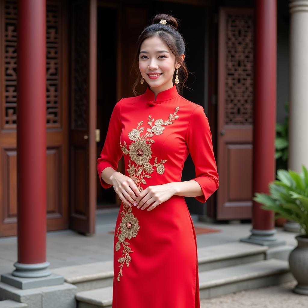 Vietnamese woman wearing traditional ao dai in cultural setting