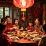 Family celebrating Lunar New Year with traditional customs