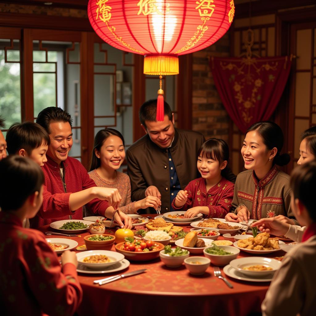 Family celebrating Lunar New Year with traditional customs