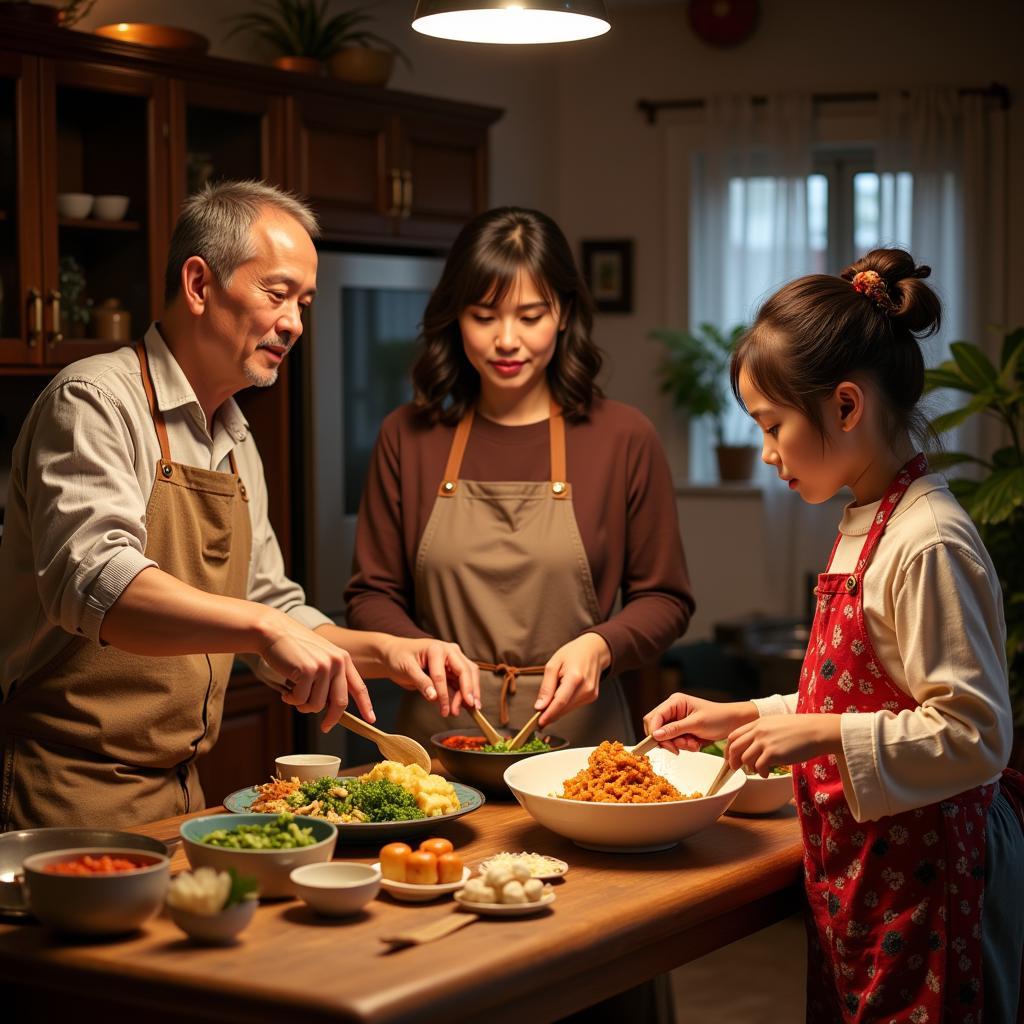 Multi-generational family preparing traditional meal in home kitchen