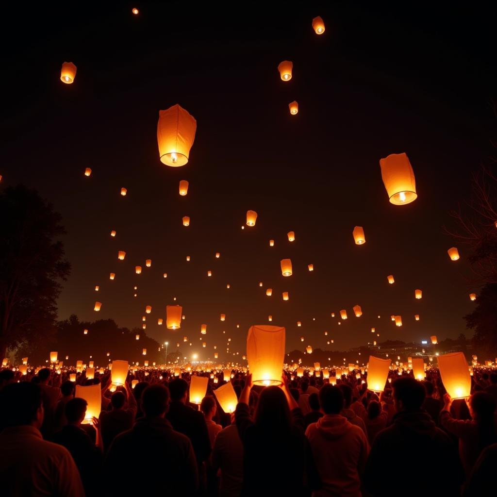 Traditional lantern festival celebration with people releasing lanterns into night sky