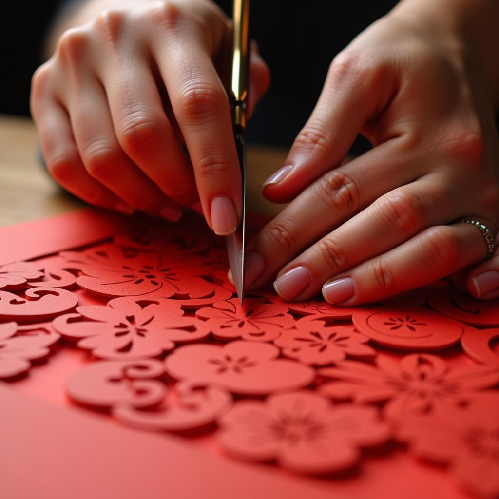 Traditional Chinese paper cutting art being demonstrated by skilled artist
