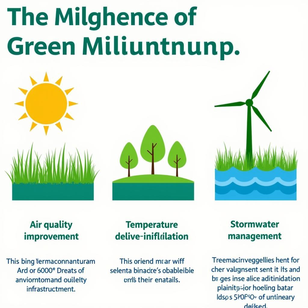 Benefits of urban green infrastructure showing improved air quality and reduced heat island effect