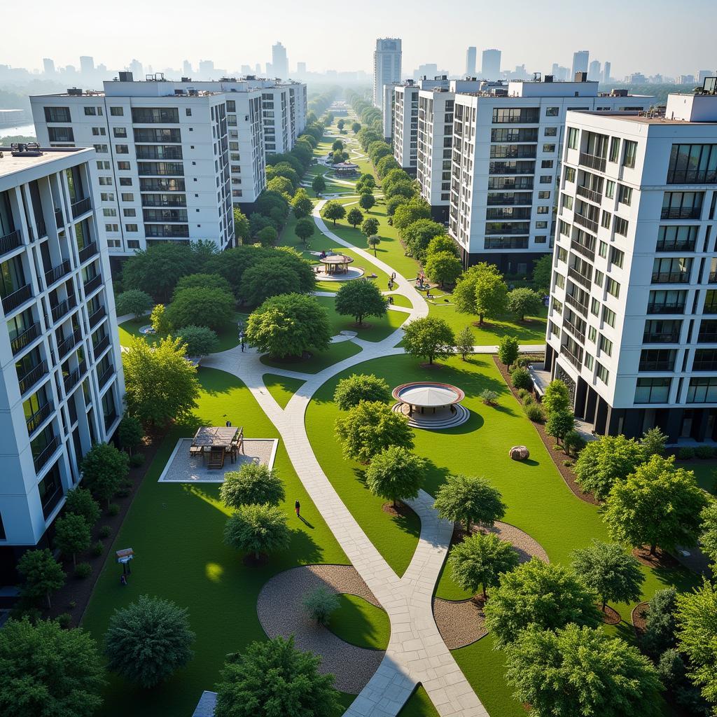 Urban green spaces integrated with modern city development showing parks and buildings