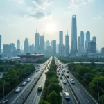 Urban development impact on environment showing modern city skyline with pollution