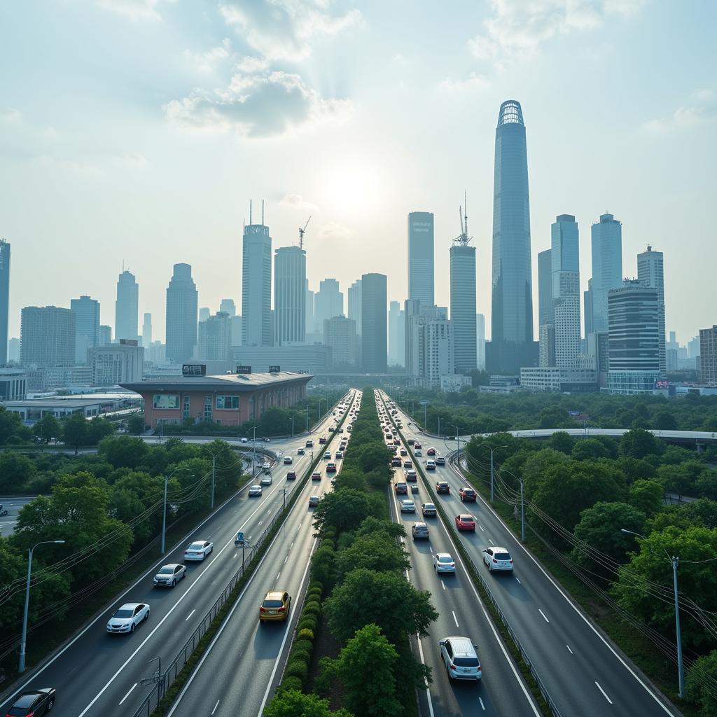 Urban development impact on environment showing modern city skyline with pollution