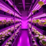 Modern vertical farming system with LED grow lights