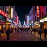 Bustling night street with illuminated shops and entertainment venues