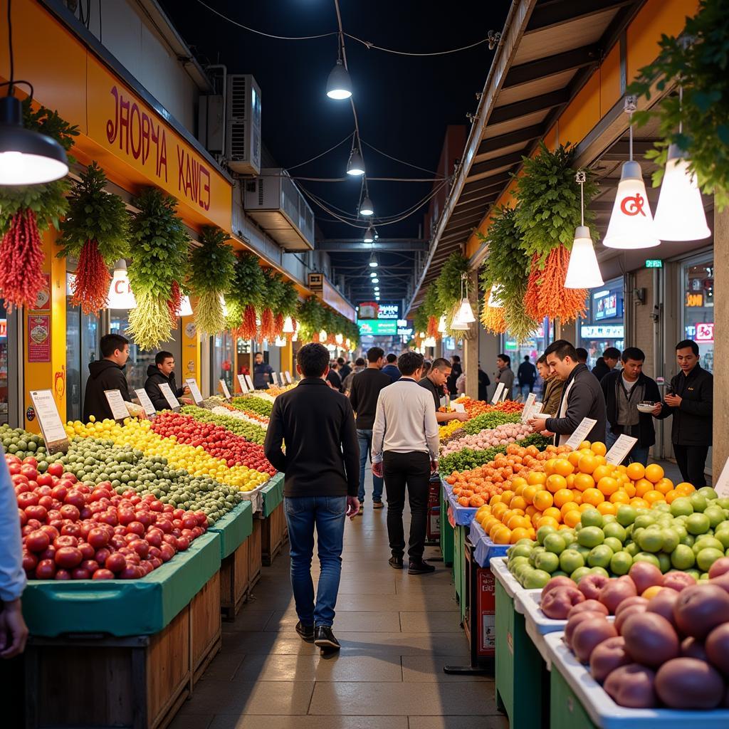 Vibrant food market with fresh produce stalls