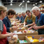 Young volunteers sorting food donations at local food bank