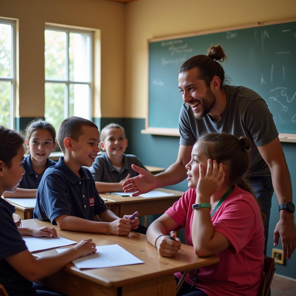 Volunteer teacher engaging with students in rural classroom setting