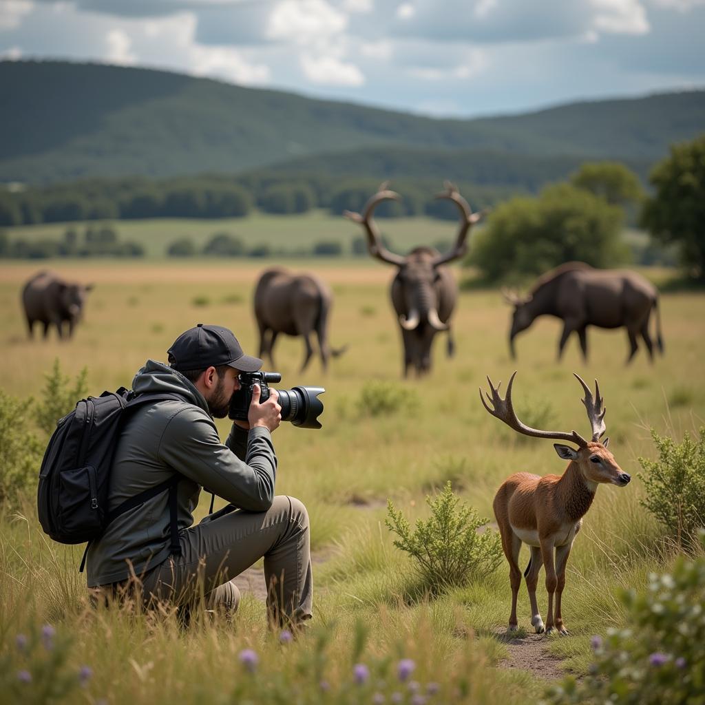 Wildlife photographer capturing images in natural setting