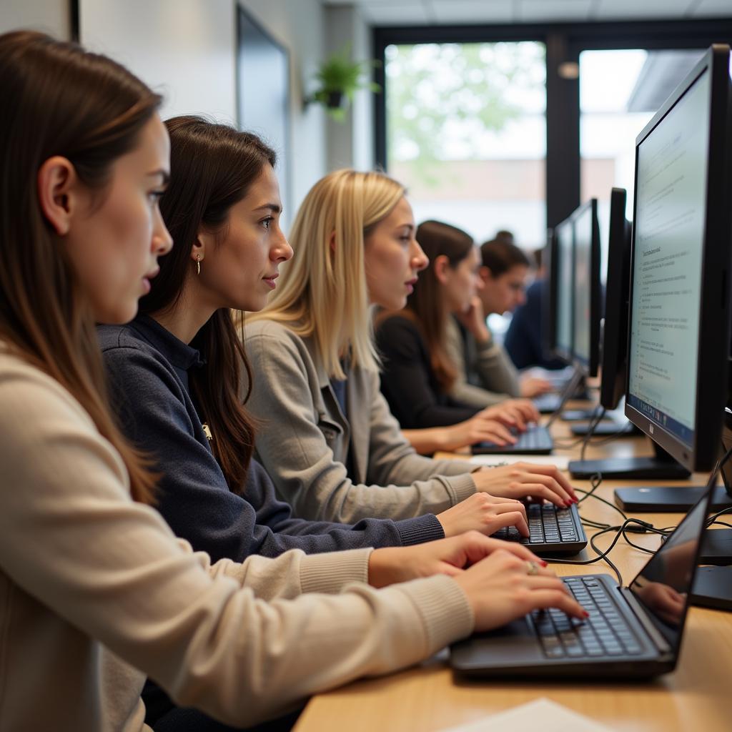 Female students studying technology in modern classroom