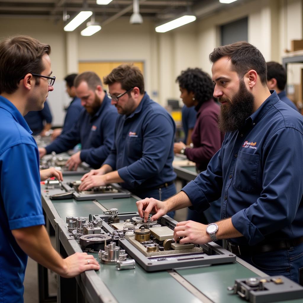 Workers receiving training on new automated systems in a modern facility