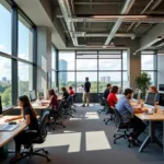 Diverse workplace showing both individual and team work