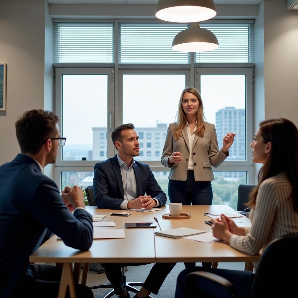 Professional using phrasal verbs in workplace conversation