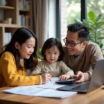 Young family reviewing household budget and financial documents together
