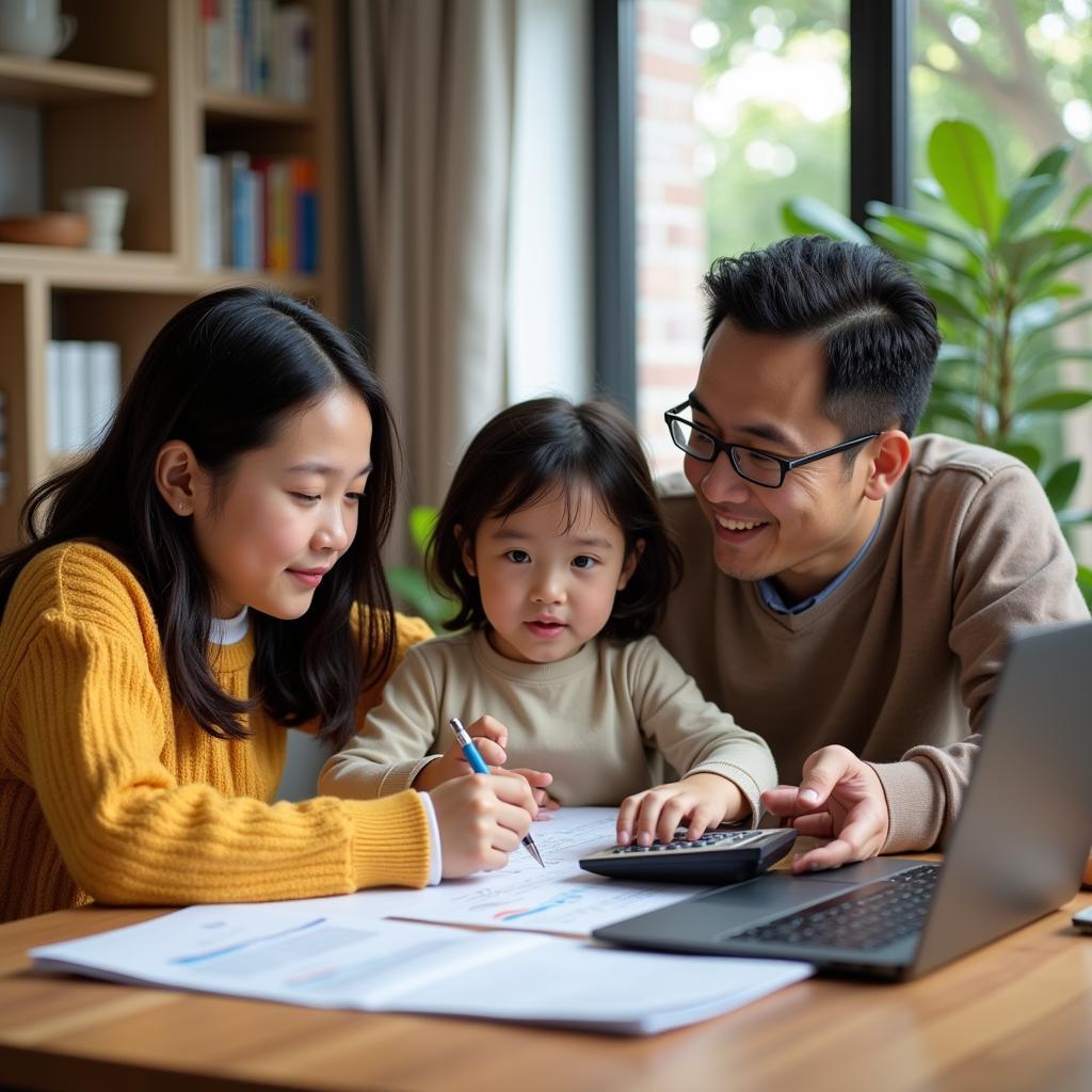 Young family reviewing household budget and financial documents together
