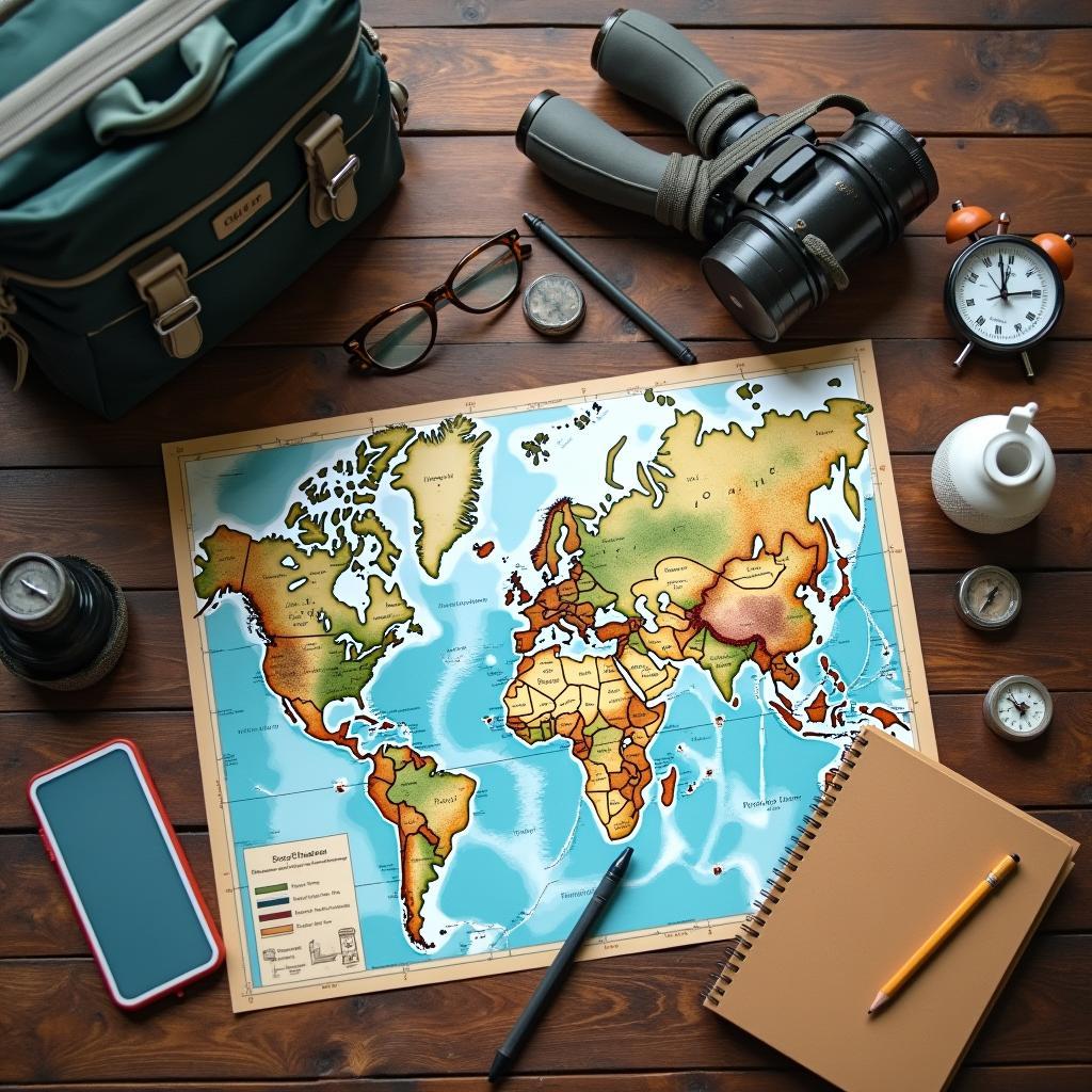 Person planning adventure journey with maps and equipment