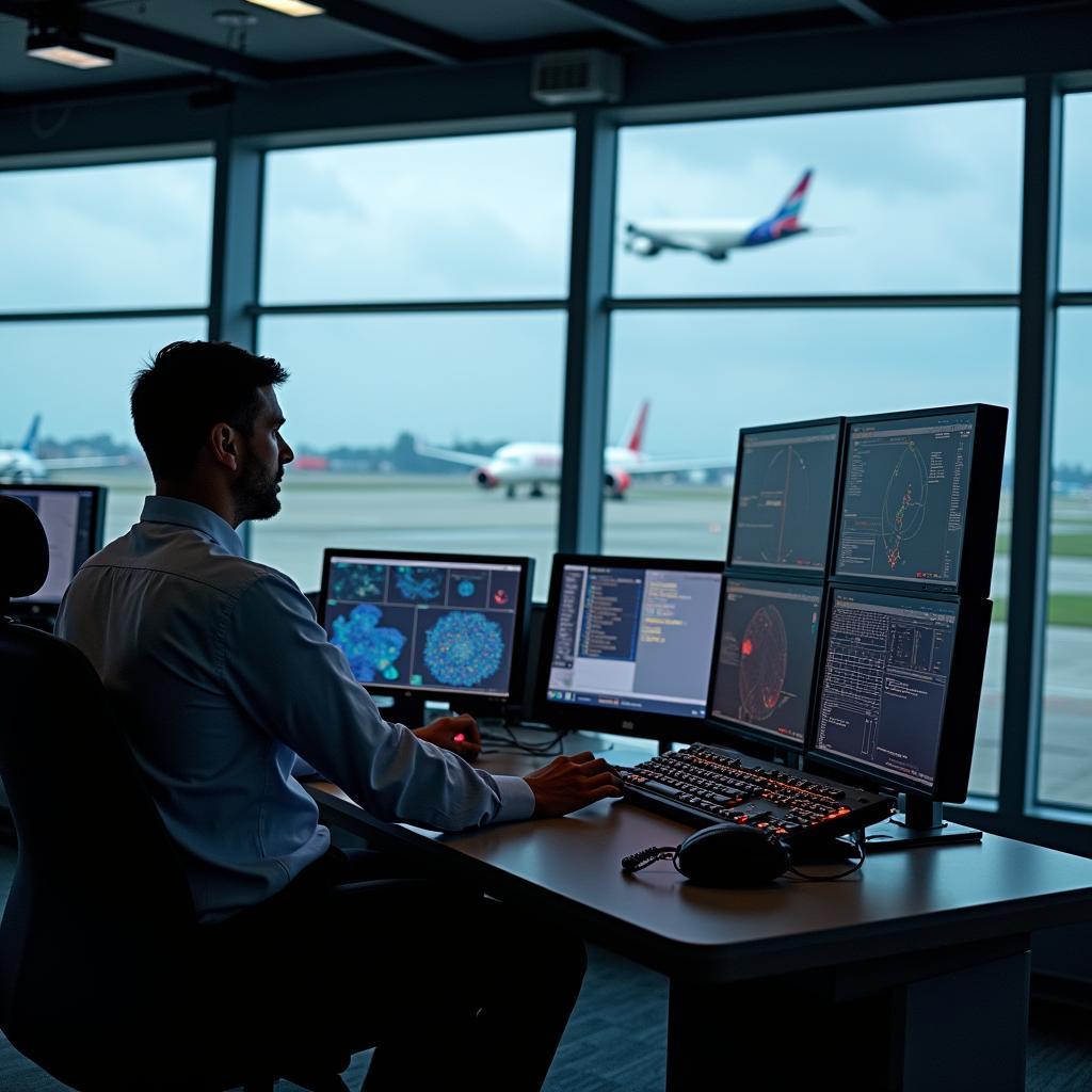 Air traffic controller monitoring multiple screens in control tower
