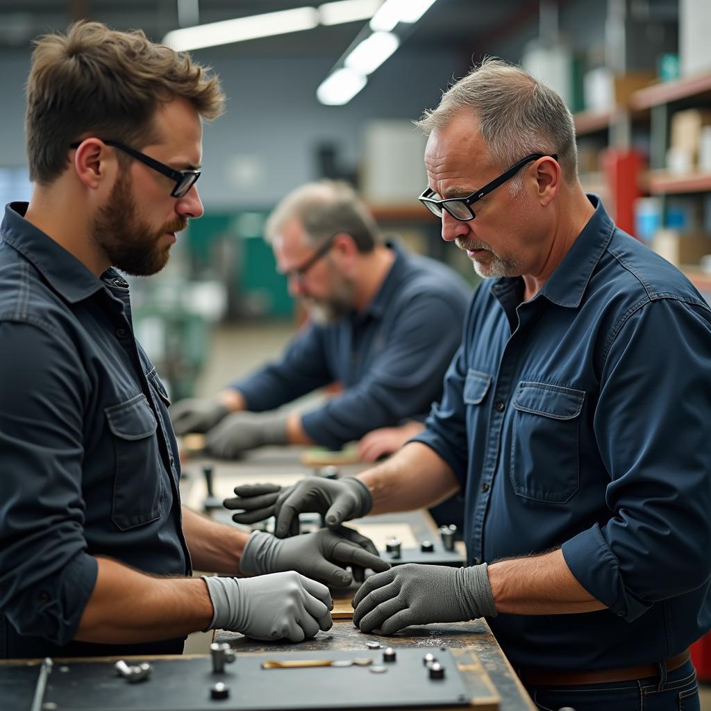 Young apprentice learning technical skills from experienced mentor