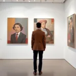 Art exhibition visitor examining contemporary artwork