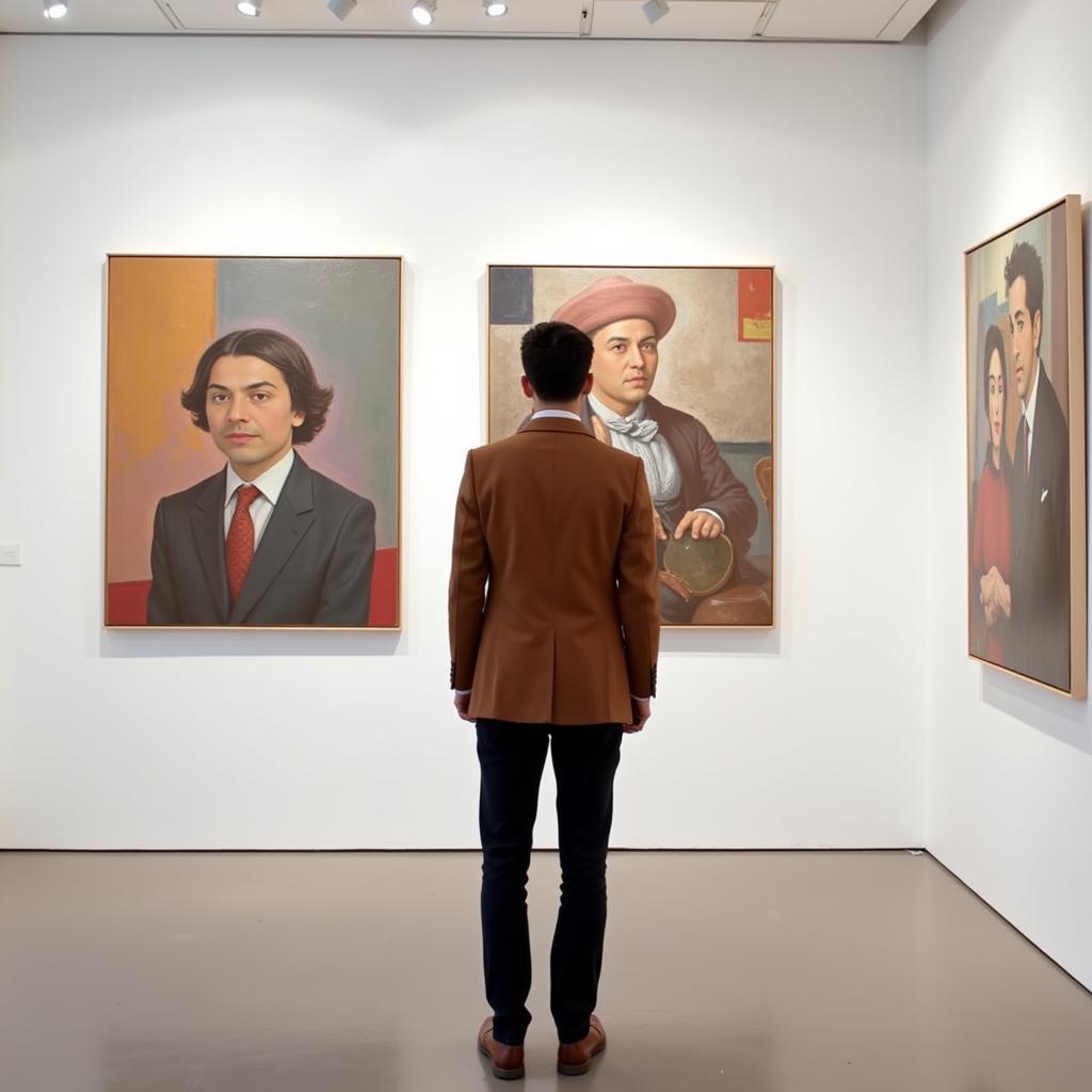 Art exhibition visitor examining contemporary artwork