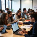 Students using various assistive technology devices in modern classroom