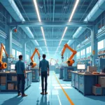 The impact of automation on low-income workers showing factory robots and human workers