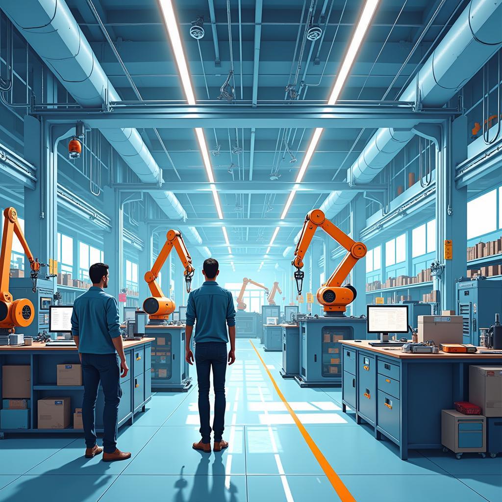 The impact of automation on low-income workers showing factory robots and human workers