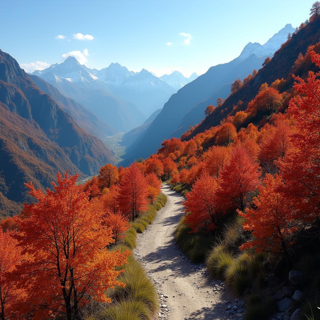Scenic autumn hiking trail with colorful foliage in mountains
