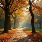 Beautiful autumn scenery with golden leaves falling in park