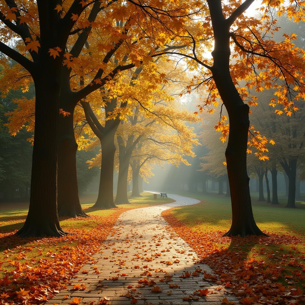 Beautiful autumn scenery with golden leaves falling in park