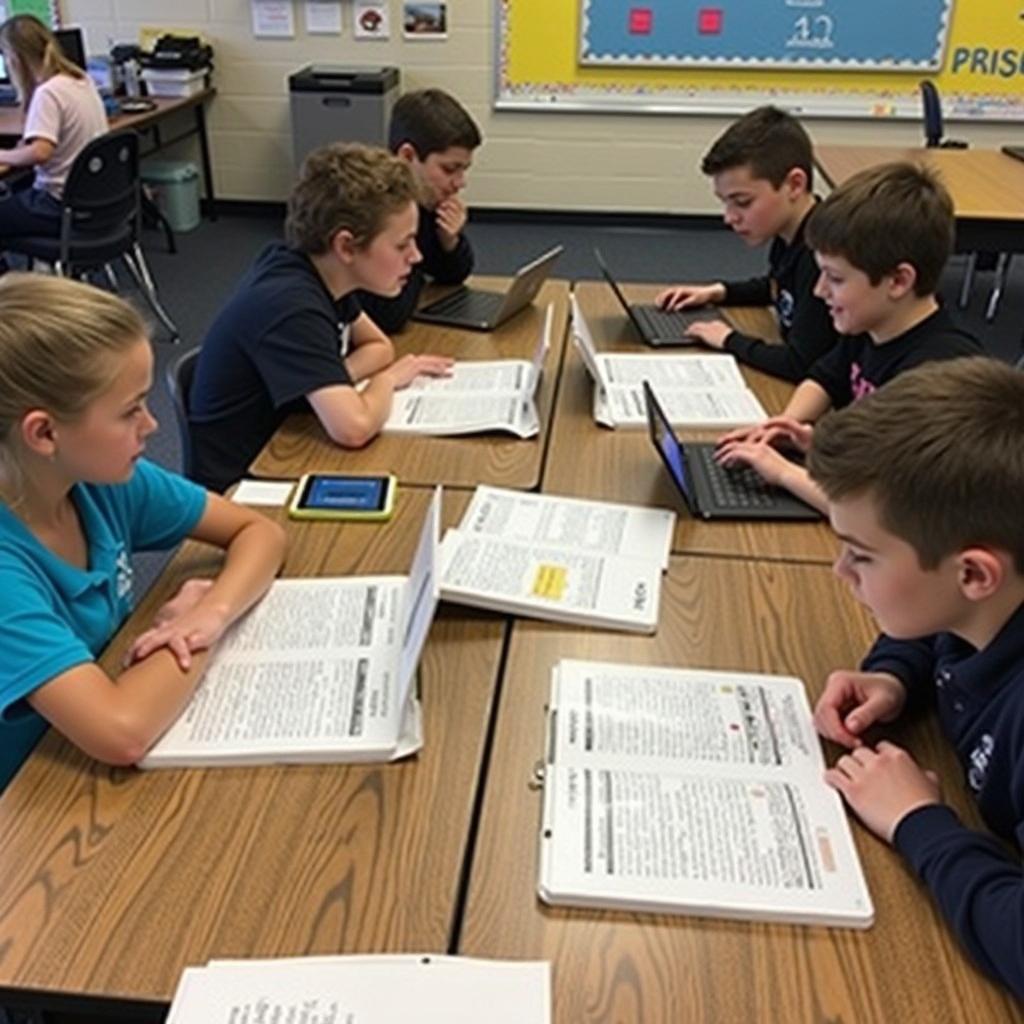 Students using both traditional textbooks and modern tablets