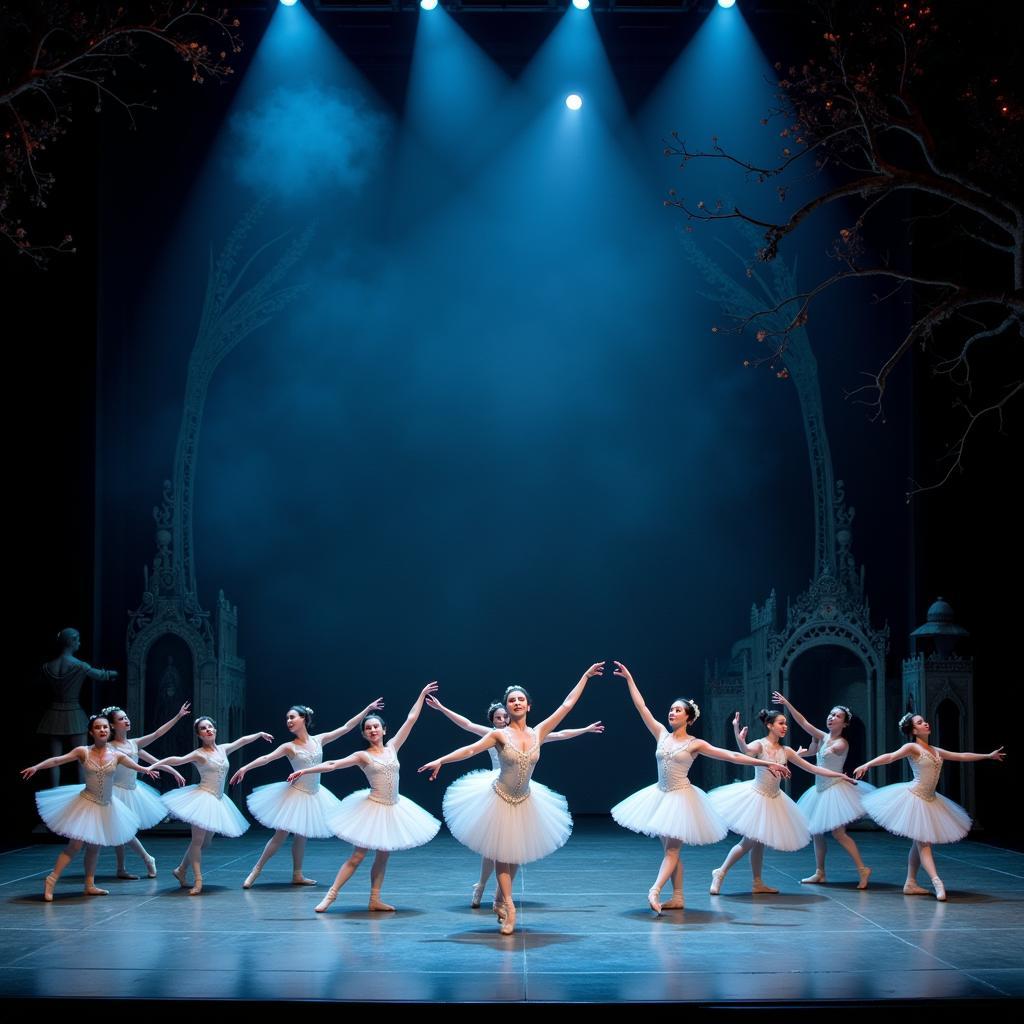 Professional ballet dancers performing Swan Lake on stage