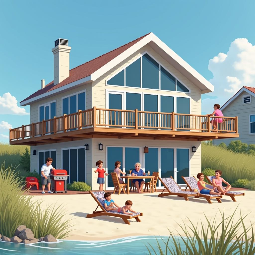 Family enjoying activities at a beachfront property
