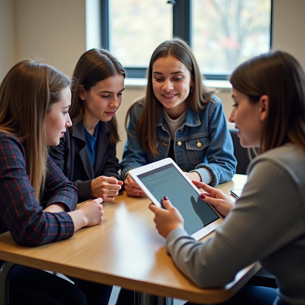Students engaging in blended learning with digital and traditional methods