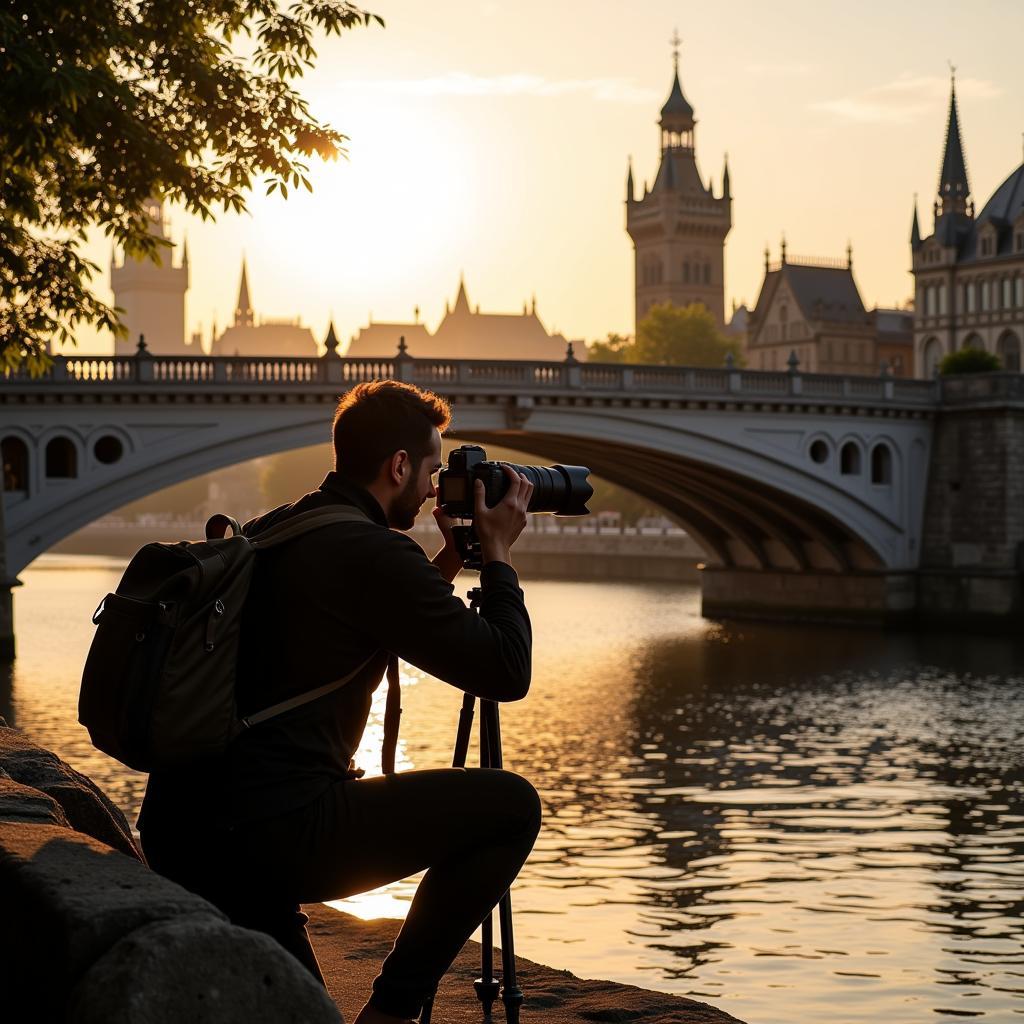 Photographer capturing sunset at historic bridge