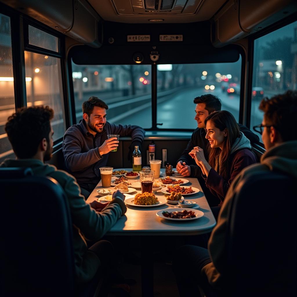 Passengers sharing stories during bus breakdown