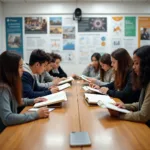 Students comparing business and history textbooks in modern classroom