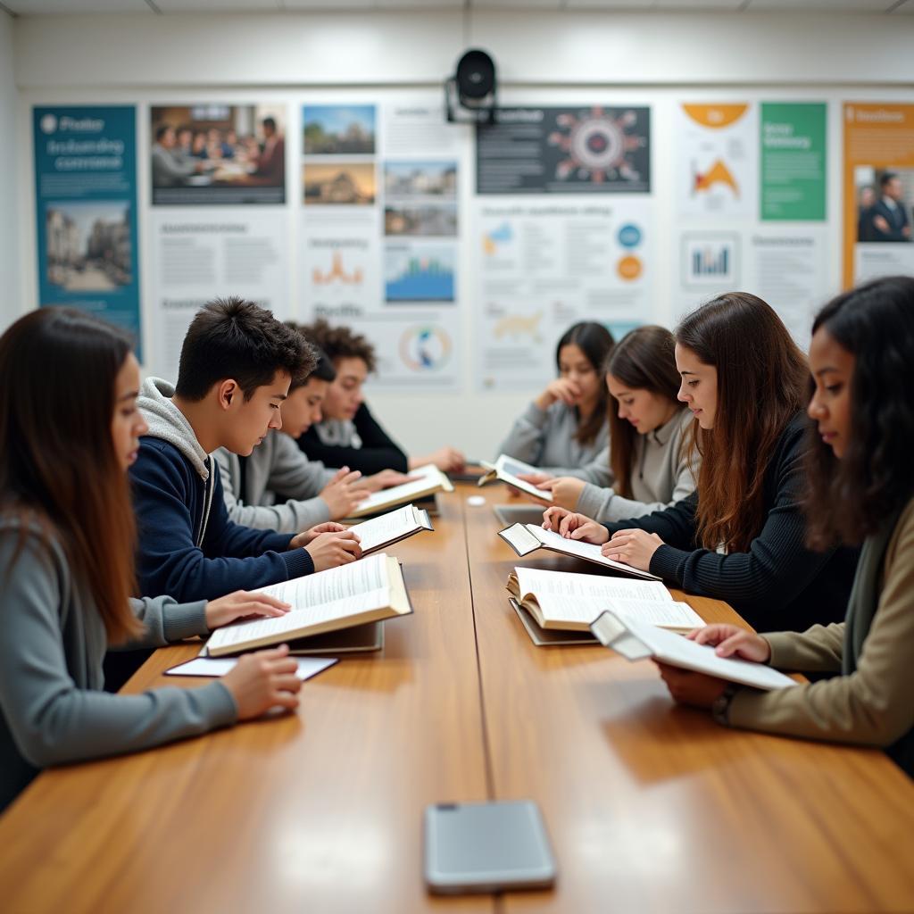 Students comparing business and history textbooks in modern classroom