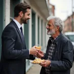 Businessman showing unexpected kindness to homeless person