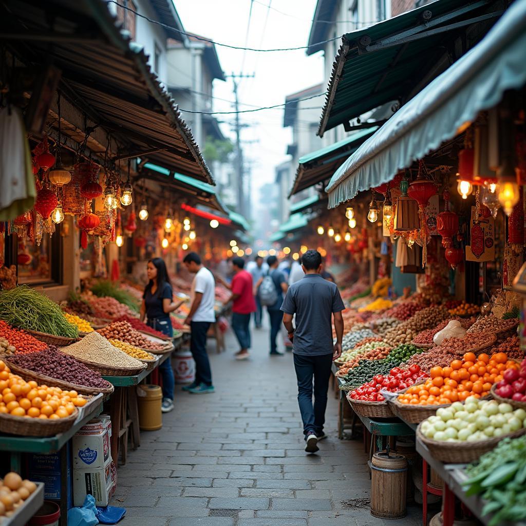 Vibrant street market scene with local vendors and shoppers