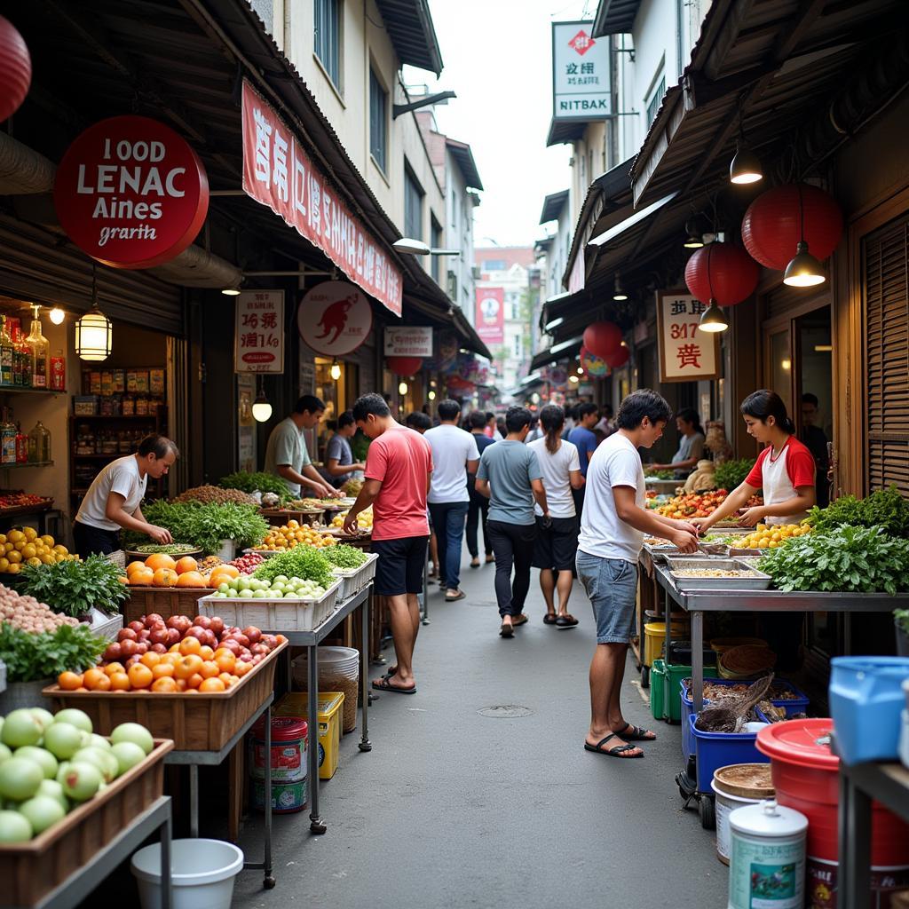 Vibrant street market with colorful stalls and busy shoppers