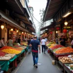 Busy street market with vendors selling fresh produce and local goods