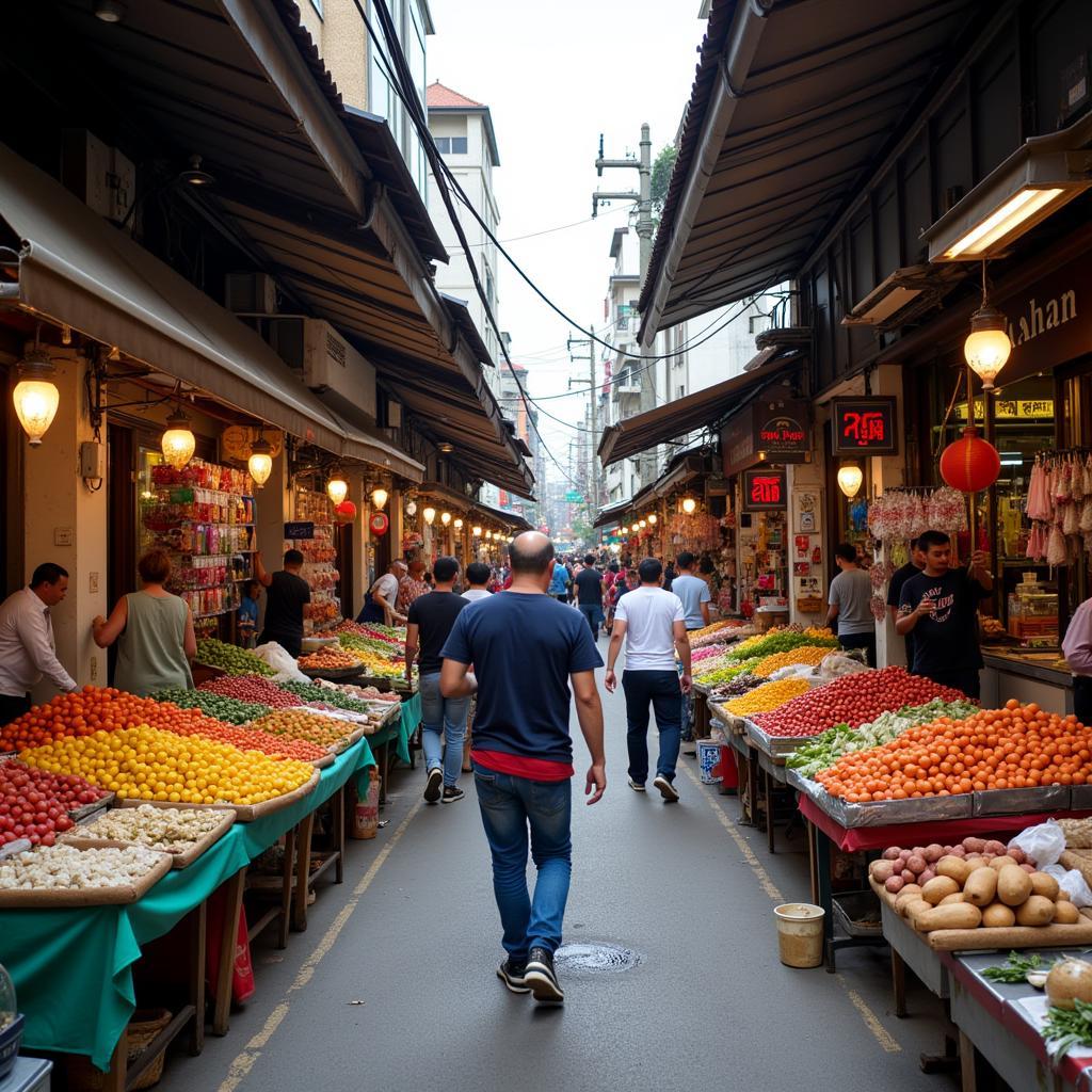 Busy street market with vendors selling fresh produce and local goods