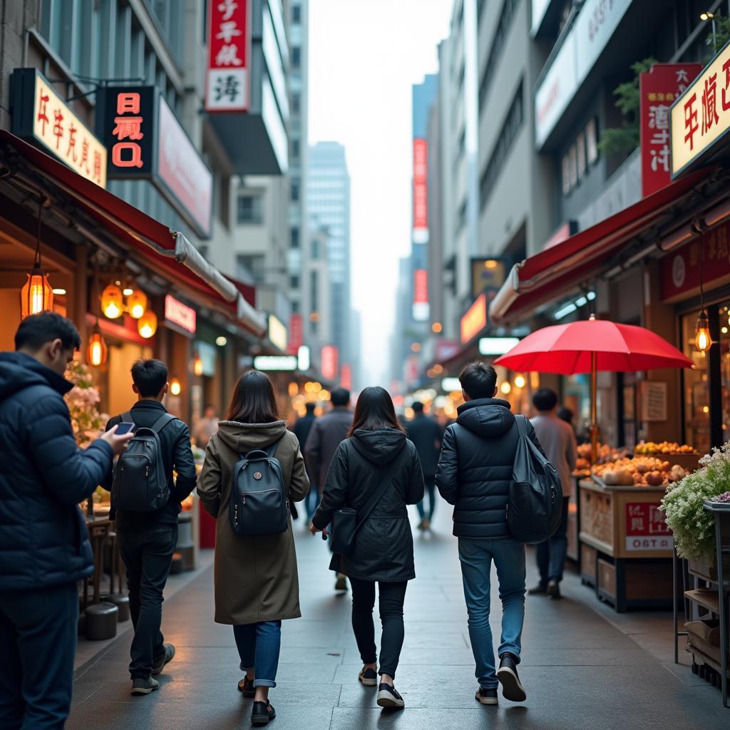 Urban residents using digital payments in a modern Asian cityscape