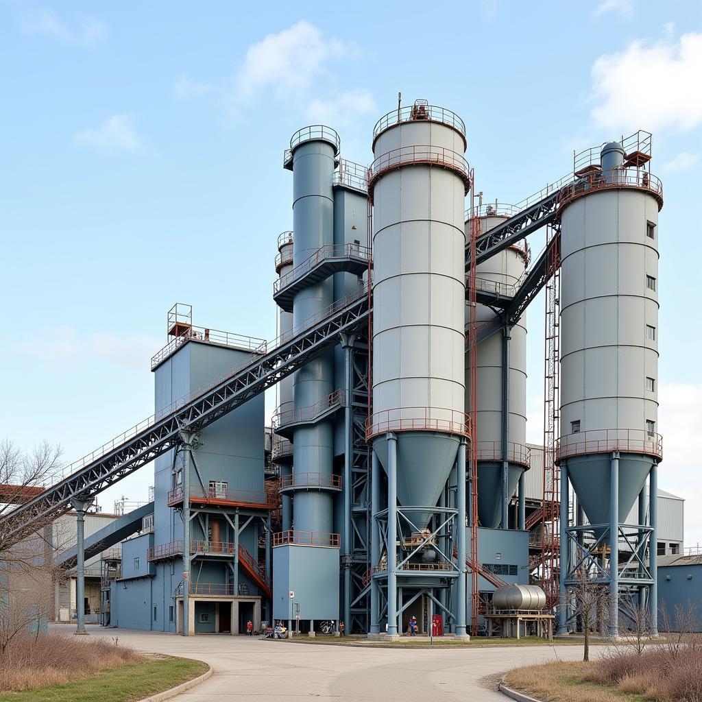 Industrial cement manufacturing facility showing key production stages